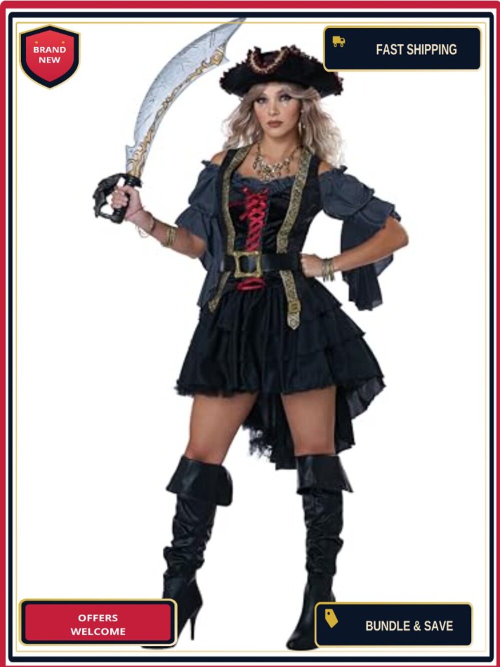 Sexy Pirate Costume 5-Piece Set Top Skirt Corset Vest Hat Belt Adult